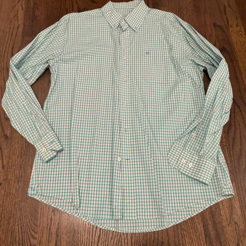 Southern Tide Aqua, Pink and White Checkered Shirt